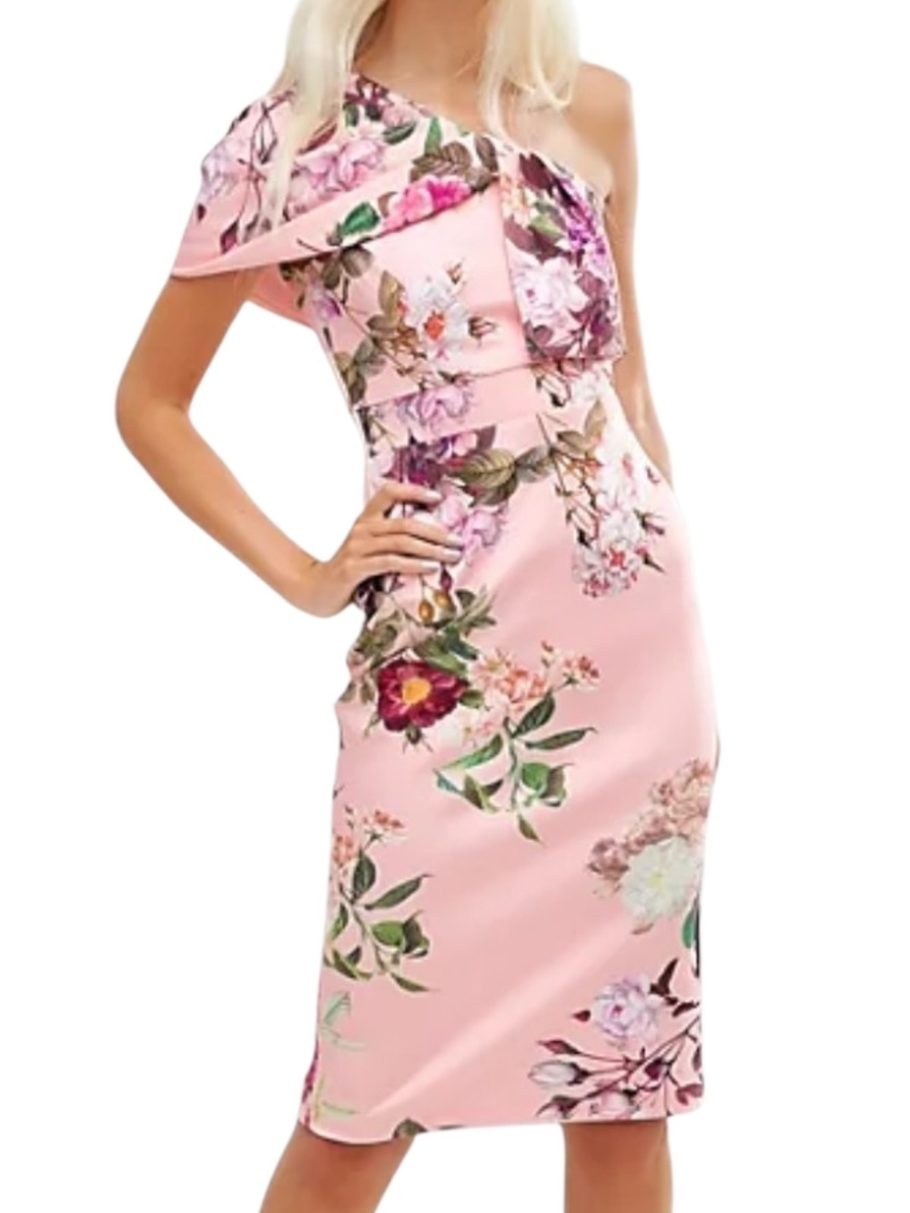 NWT ASOS Floral One Shoulder Midi Dress Pink Scuba Bodycon Wedding Guest US 2